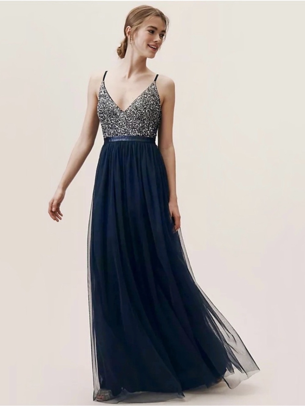 BHLDN Navy Beaded V-Neck Tulle Prom Dress